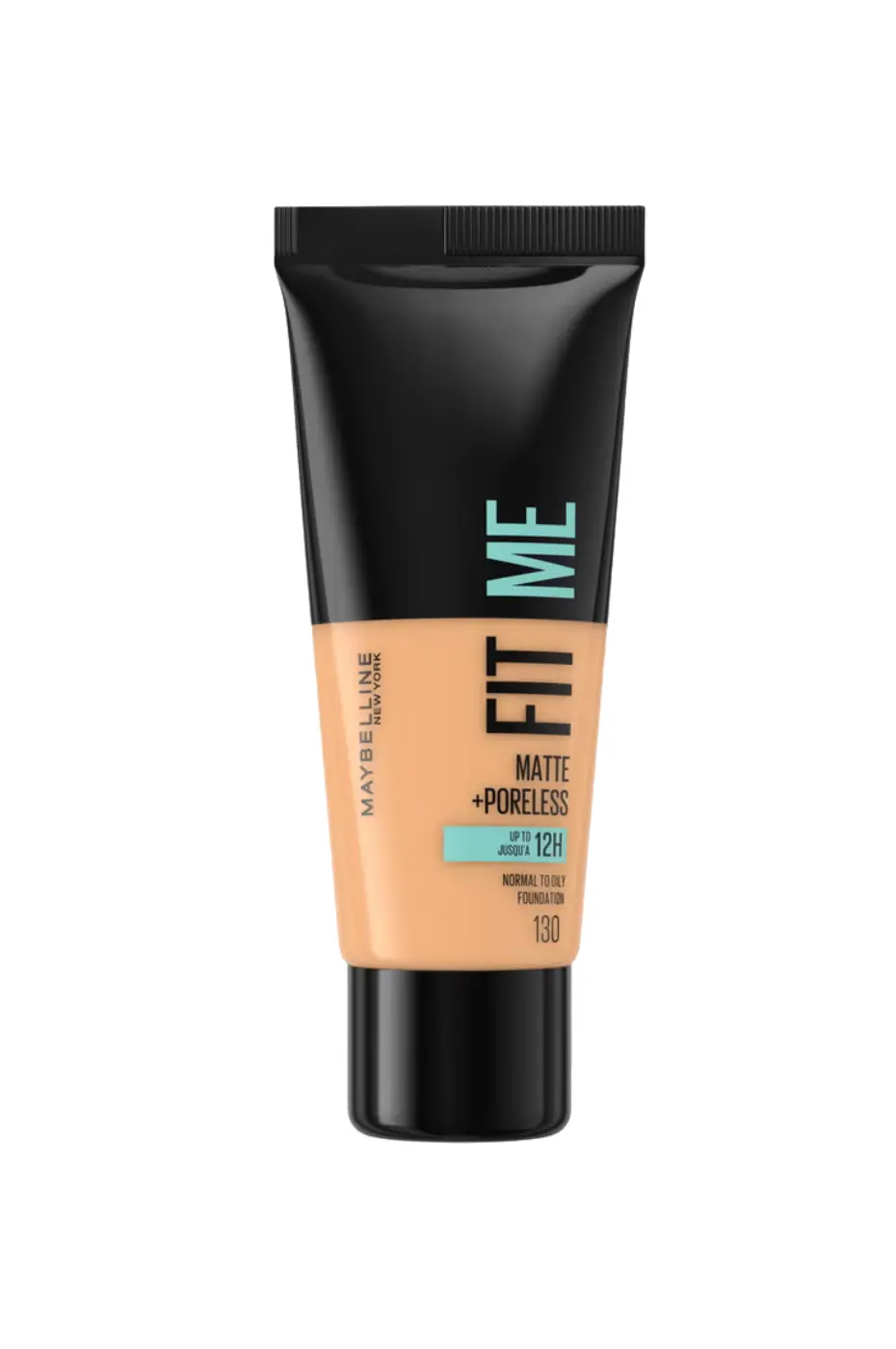 Maybelline Fit Me Fond de Teint Mat + Pores Teinte 130 Tube de fond de teint Maybelline Fit Me Matte + Poreless, teinte 130 Buff Beige, 30 ml. Packaging noir et couleur chair.