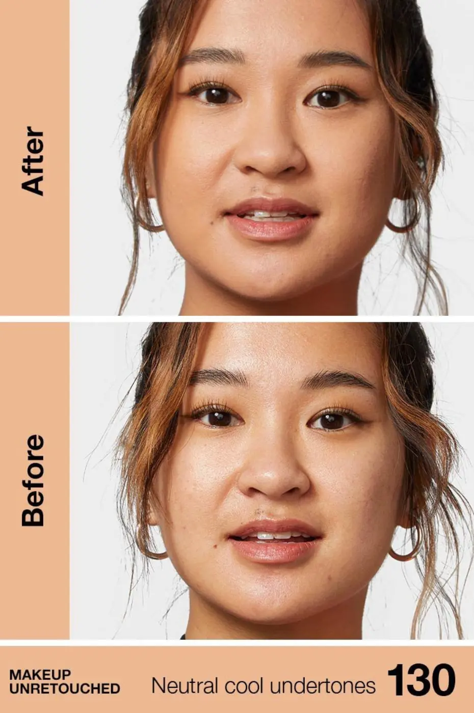 MAYBELLINE Fit Me! 130 : Avant/Après Teint Parfait MAYBELLINE Fit Me! Matte & Poreless Fond de Teint 130 (Neutral Cool Underton) sur peau asiatique : avant (sans maquillage) / après (maquillé).