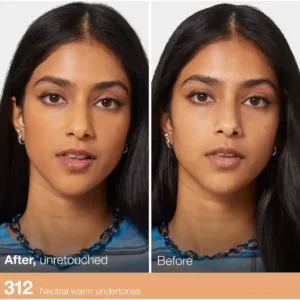 MAYBELLINE FIT ME FDT MATTE N°312. Avant/Après application sur une femme, teint unifié. Sous-tons chauds neutres.