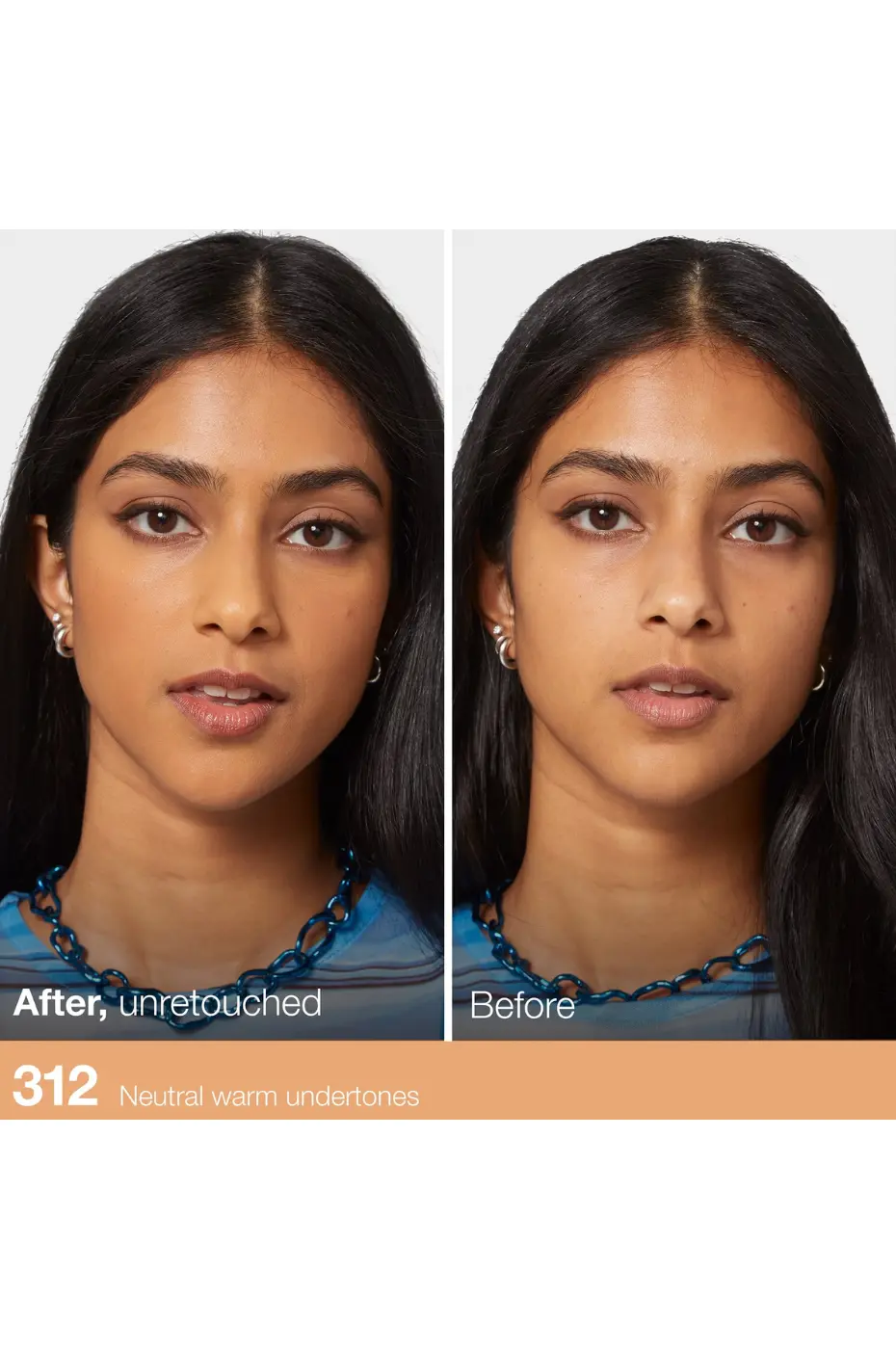MAYBELLINE FIT ME FDT MATTE N°312 : Avant/Après MAYBELLINE FIT ME FDT MATTE N°312. Avant/Après application sur une femme, teint unifié. Sous-tons chauds neutres.