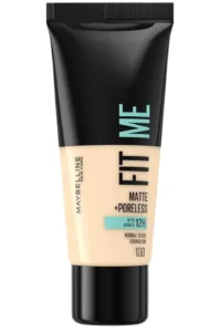Fond de teint Maybelline Fit Me Matte + Poreless 100 Warm Ivory, tube noir et beige, sur fond blanc.