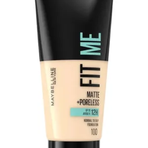Fond de teint Maybelline Fit Me Matte + Poreless 100 Warm Ivory, tube noir et beige, sur fond blanc.
