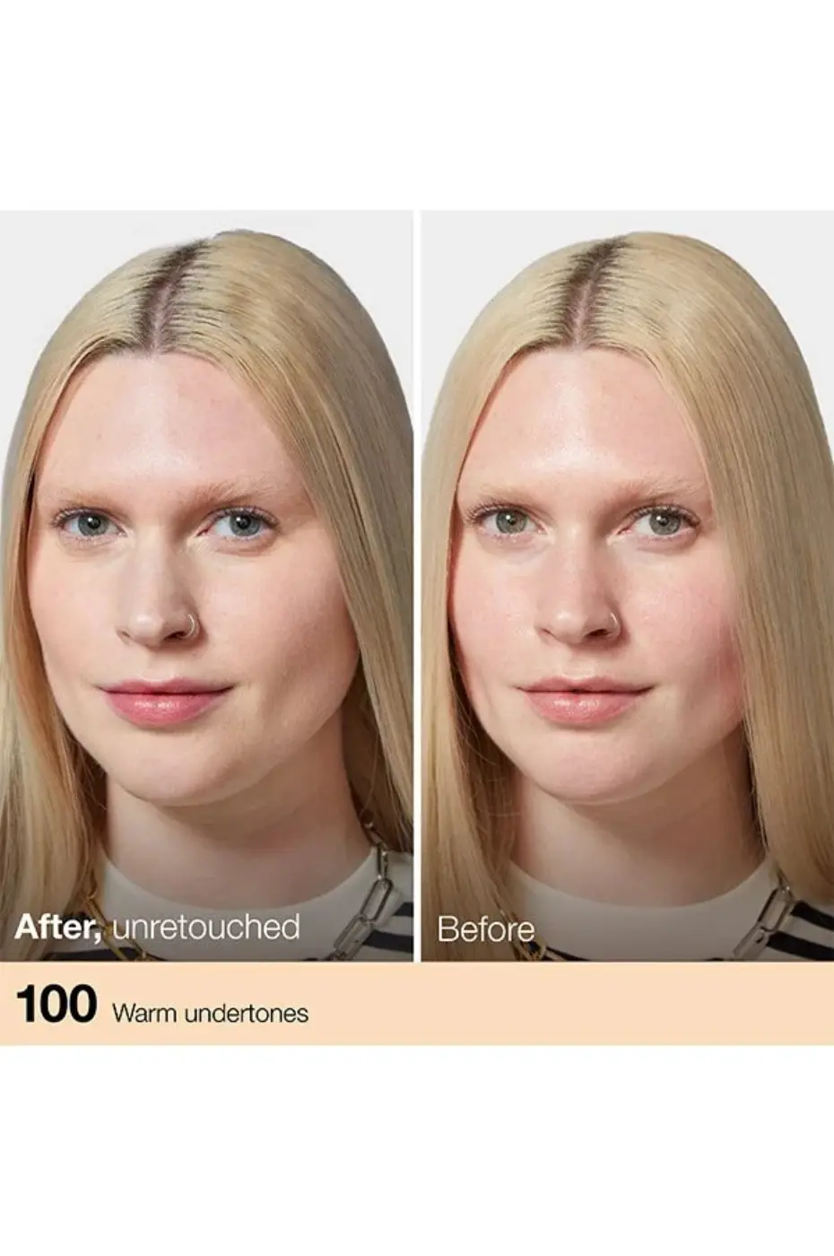 Résultat Maybelline Fit Me 100 – Avant et Après non retouché Image avant/après non retouchée : Femme blonde, peau claire, teint unifié avec le fond de teint 100 Warm undertones.