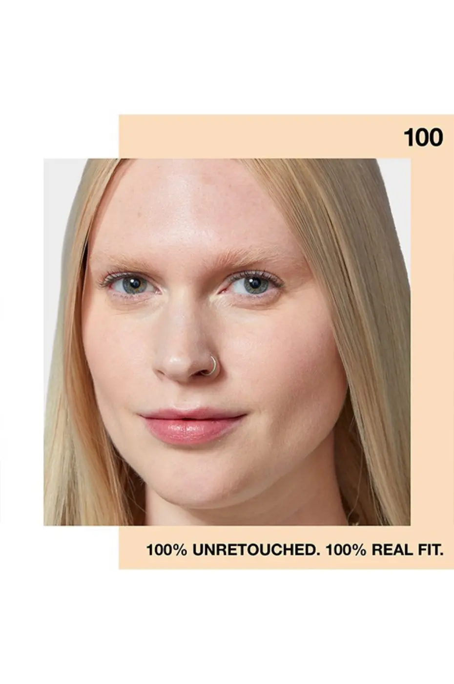 Fit Me 100 : L’Authenticité d’un Teint 100% Non Retouché Portrait gros plan d'une femme blonde, teint clair, portant le fond de teint Fit Me 100. Image 100% non retouchée.