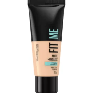 Fond de teint Maybelline Fit Me Matte + Poreless 105 pour peaux normales à grasses, tube noir et beige.