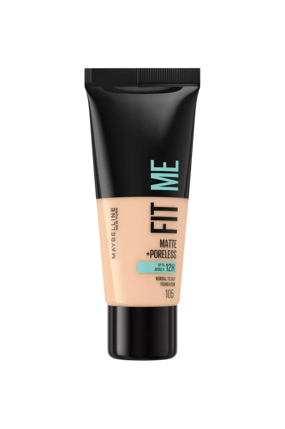 Maybelline Fit Me Matte + Poreless Fond de Teint 105 Fond de teint Maybelline Fit Me Matte + Poreless 105 pour peaux normales à grasses, tube noir et beige.