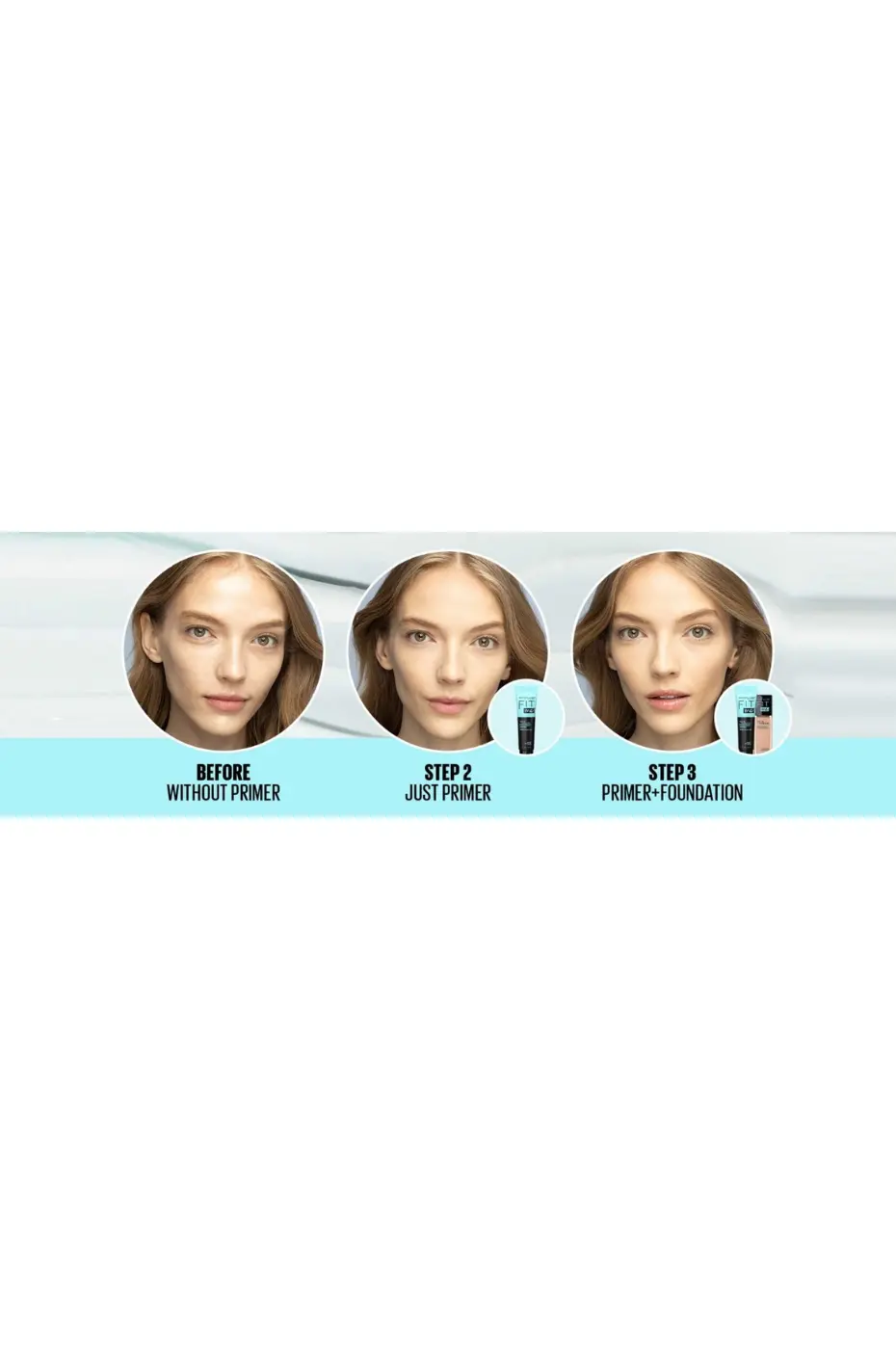3 Étapes pour un Teint Parfait avec Fit Me Primer et Fond de Teint Étapes : 1. Sans primer, 2. Juste le primer Fit Me (floute et matifie), 3. Primer + Fond de teint (teint complet).