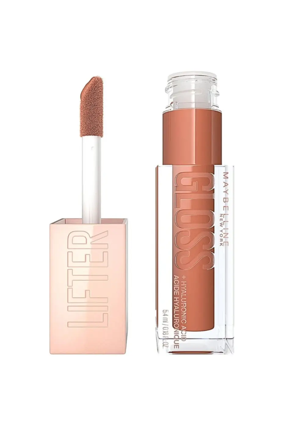 Maybelline Lifter Gloss N°027 Toffee : Brillance et Volume Maybelline Lifter Gloss N°027 Toffee ouvert, applicateur visible. Gloss hydratant à l'acide hyaluronique.