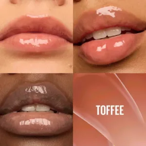 Trois paires de lèvres différentes portant le gloss nude "Toffee", illustrant la teinte et son fini brillant sur plusieurs carnations, avec un swatch texturé.