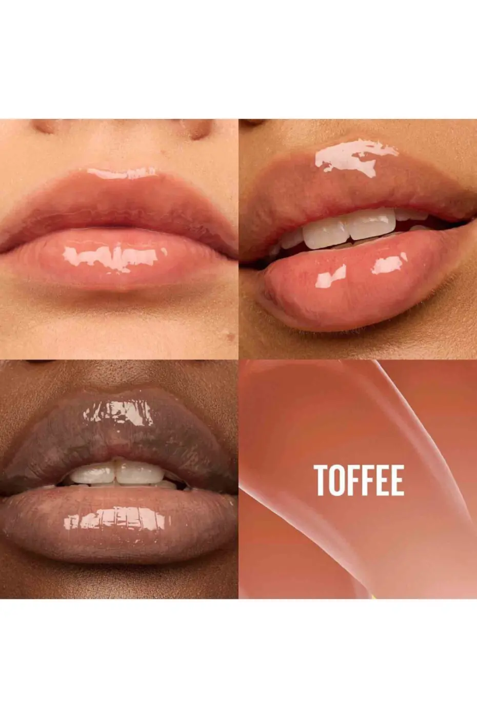 Maybelline Lifter Gloss Toffee : Éclat Universel Trois paires de lèvres différentes portant le gloss nude "Toffee", illustrant la teinte et son fini brillant sur plusieurs carnations, avec un swatch texturé.