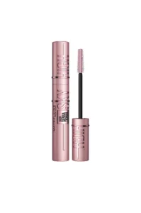 Maybelline Mascara Lash Sensational Sky High Noir, tube rose métallisé et brosse flexible. Allonge et donne du volume aux cils.