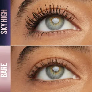 Gros plan Avant/Après Mascara Maybelline Sky High Noir. Cils transformés (SKY HIGH) avec longueur et volume intenses vs cils nus (BARE).