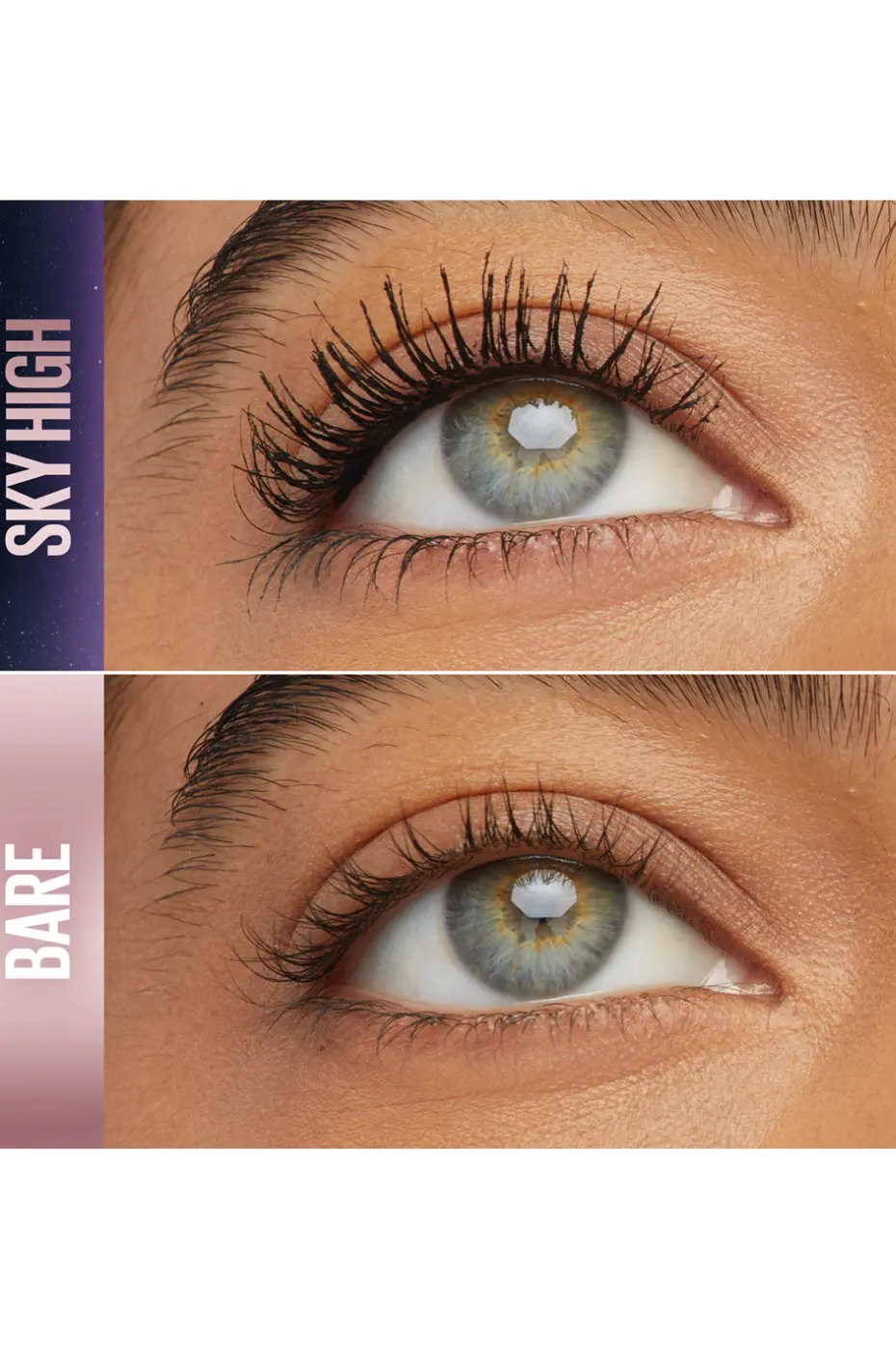 Gros Plan : La Magie du Mascara Sky High de Maybelline Gros plan Avant/Après Mascara Maybelline Sky High Noir. Cils transformés (SKY HIGH) avec longueur et volume intenses vs cils nus (BARE).
