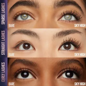 Résultat du Mascara Maybelline Sky High sur 3 types de cils : clairsemés, droits et bouclés. Effet d'allongement et de volume visible.