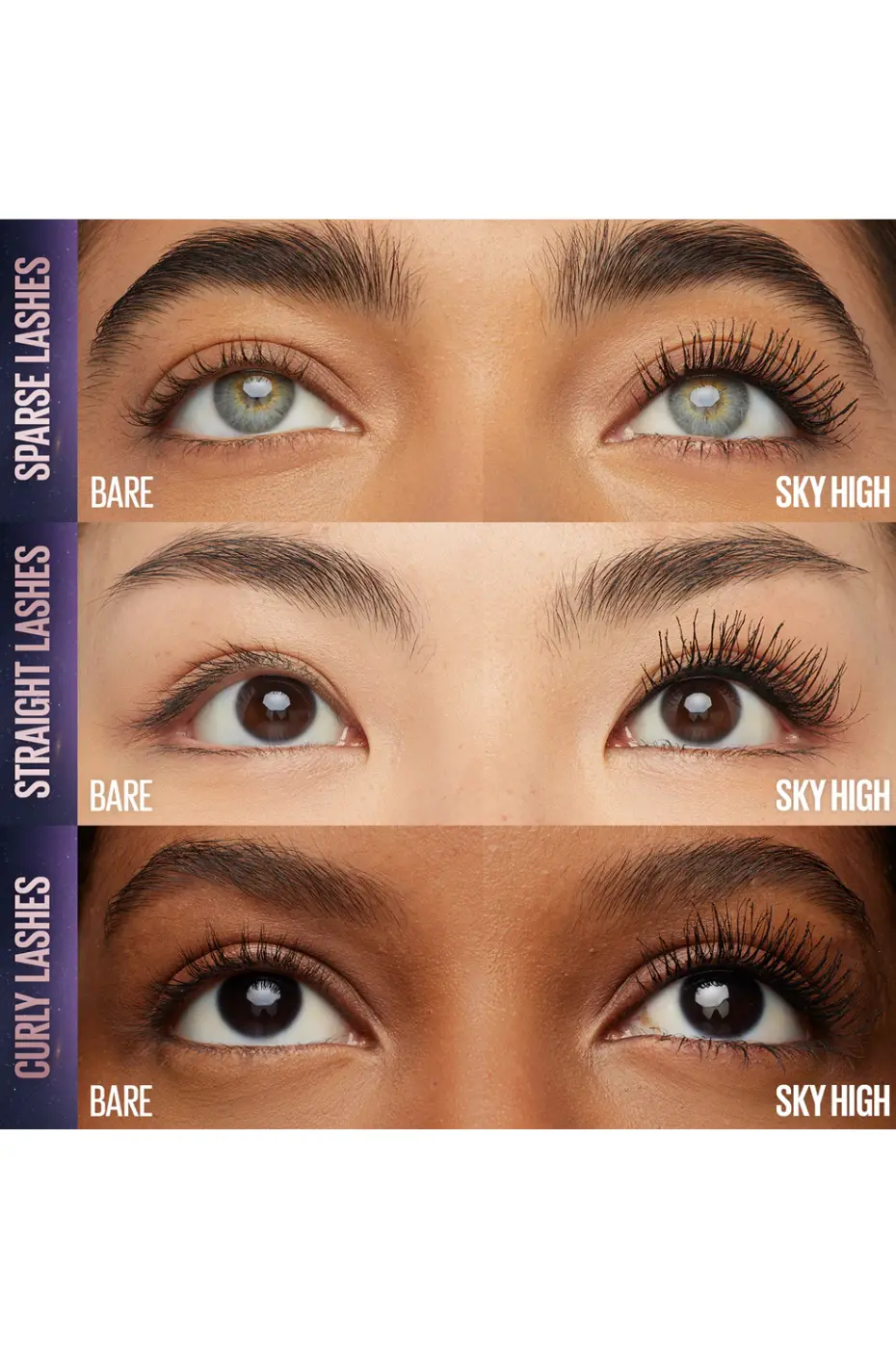 Sky High : La Magie de la Longueur pour Tous les Cils Résultat du Mascara Maybelline Sky High sur 3 types de cils : clairsemés, droits et bouclés. Effet d'allongement et de volume visible.