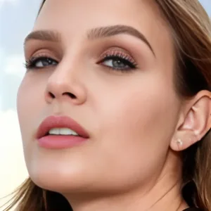 Mannequin blonde avec un maquillage subtil, yeux bleus et cils allongés par le mascara Maybelline Sky High. Regard confiant vers le haut.