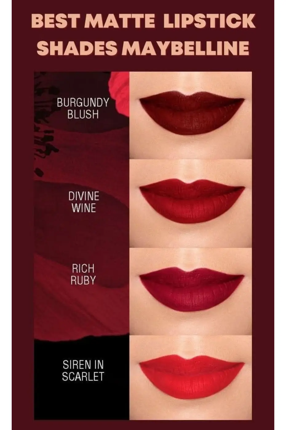 Meilleurs Rouges à Lèvres Mat Maybelline : Couleurs Profondes Swatches des meilleurs rouges à lèvres mat Maybelline. Couleurs: Burgundy Blush, Divine Wine, Rich Ruby, Siren in Scarlet.