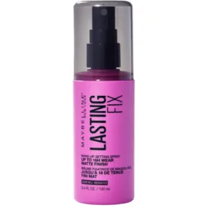 Spray fixateur de maquillage Maybelline Lasting Fix, flacon rose, pour une tenue mate jusqu'à 16 heures (100 ml).