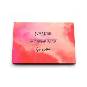 Boîtier de la palette de maquillage Yves Morel MORPHE FACE "Go Wild" (poudre contouring, blush, highlight), design rose et orange abstrait.