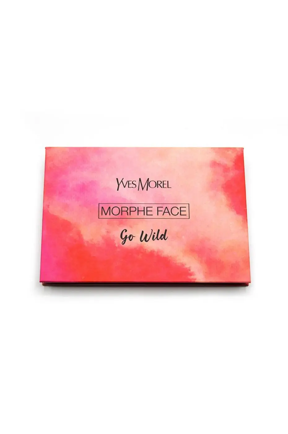 Yves Morel : Palette MORPHE FACE "Go Wild" Boîtier de la palette de maquillage Yves Morel MORPHE FACE "Go Wild" (poudre contouring, blush, highlight), design rose et orange abstrait.