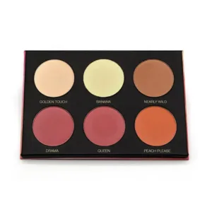 Gros plan sur les 6 godets de la palette Yves Morel "Go Wild" : Golden Touch, Banana, Nearly Wild, Drama, Queen, Peach Please.