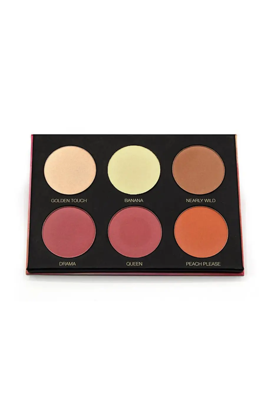 Détail des 6 Poudres Yves Morel MORPHE FACE « Go Wild » Gros plan sur les 6 godets de la palette Yves Morel "Go Wild" : Golden Touch, Banana, Nearly Wild, Drama, Queen, Peach Please.