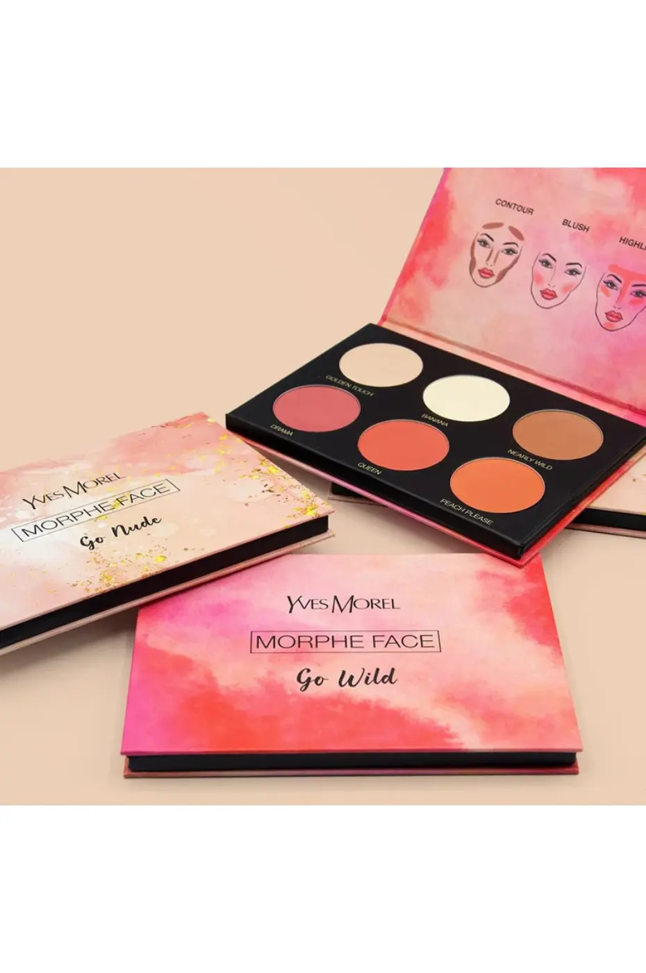 Yves Morel MORPHE FACE : « Go Wild » vs « Go Nude » Palettes Comparaison des deux palettes Yves Morel MORPHE FACE : "Go Wild" (ouverte, 6 teintes vives) et "Go Nude" (fermée, tons neutres).