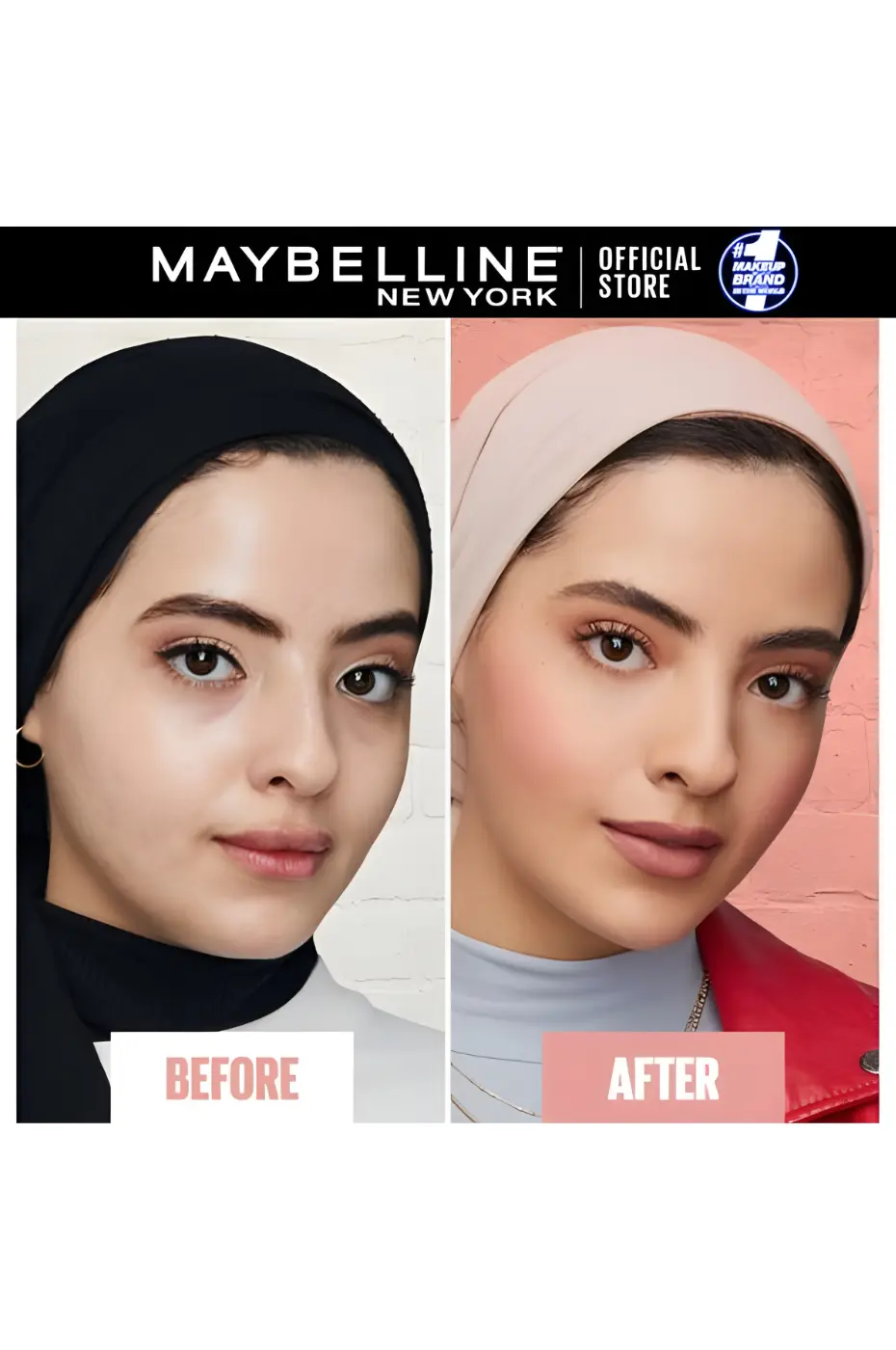 Avant/Après : Éclat avec le Fit Me Blush Corail N°35 Diptyque Avant/Après Maybelline Fit Me Blush N°35. À gauche, teint mat. À droite, joues rehaussées de blush corail et look maquillé.