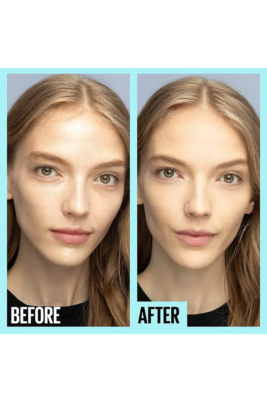 Avant/Après : L’effet Matifiant du Fit Me Primer Maybelline Comparaison Avant/Après : la peau du modèle à droite est visiblement plus mate, avec des pores estompés, qu'à gauche.