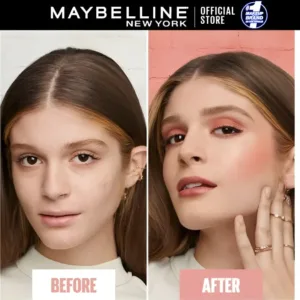 Diptyque Avant/Après Maybelline Fit Me Blush N°35 sur peau claire. À gauche, teint nude. À droite, joues rehaussées de blush pêche-rosé.