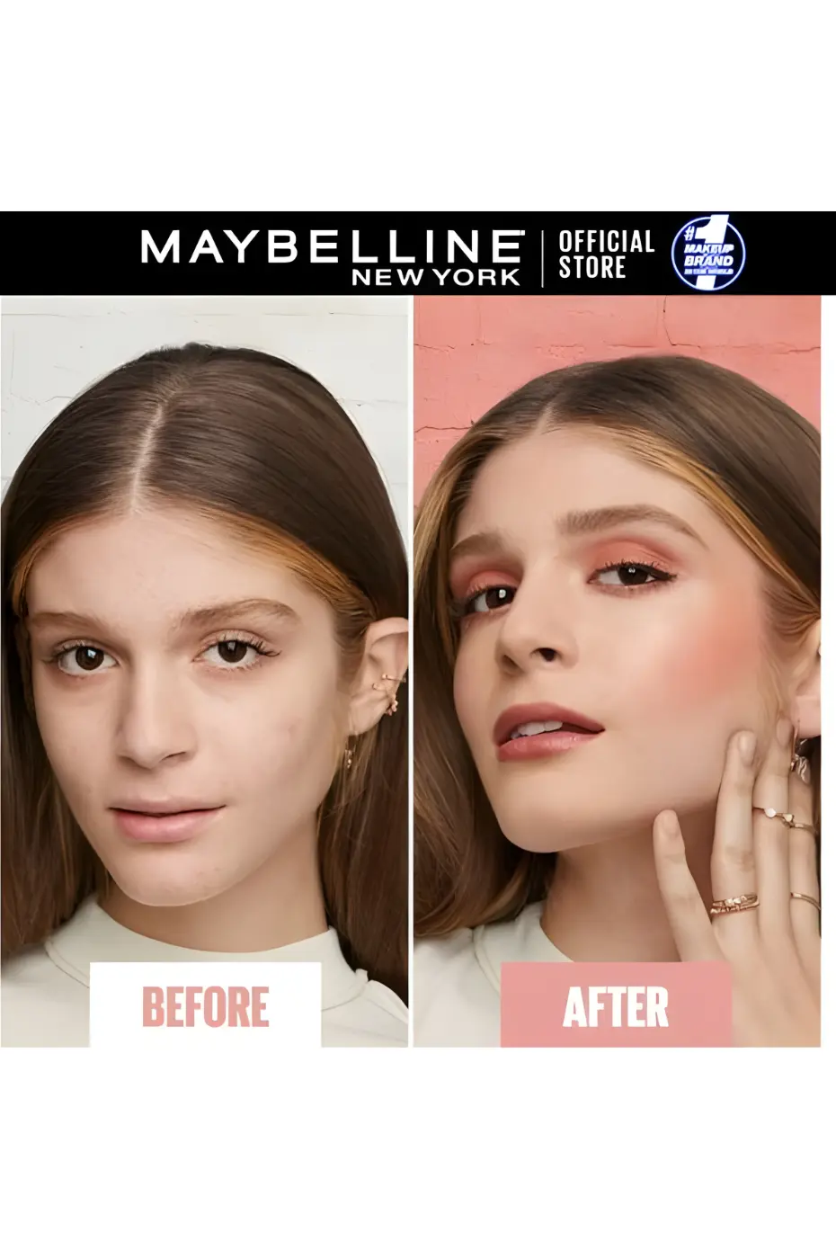 Fit Me Blush 35 Corail sur Peau Claire – L’Effet Bonne Mine Diptyque Avant/Après Maybelline Fit Me Blush N°35 sur peau claire. À gauche, teint nude. À droite, joues rehaussées de blush pêche-rosé.