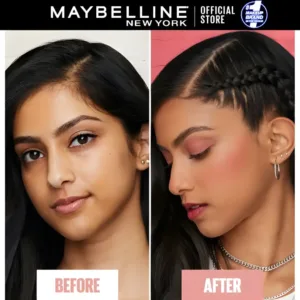 Diptyque Avant/Après Maybelline Fit Me Blush N°35 sur peau mate. À gauche, teint uni. À droite, joues rehaussées de blush rose-corail.