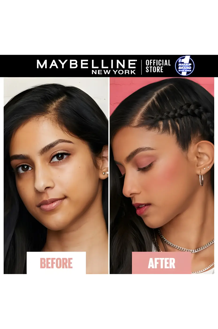 Fit Me Blush 35 Corail sur Peau Mate – Transformation Éclat Diptyque Avant/Après Maybelline Fit Me Blush N°35 sur peau mate. À gauche, teint uni. À droite, joues rehaussées de blush rose-corail.