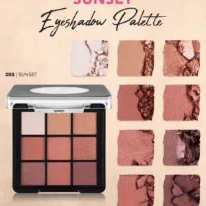 Palette de fards à paupières Flormar Sunset 003 avec 9 nuances chaudes mats et irisés, et des échantillons de textures.