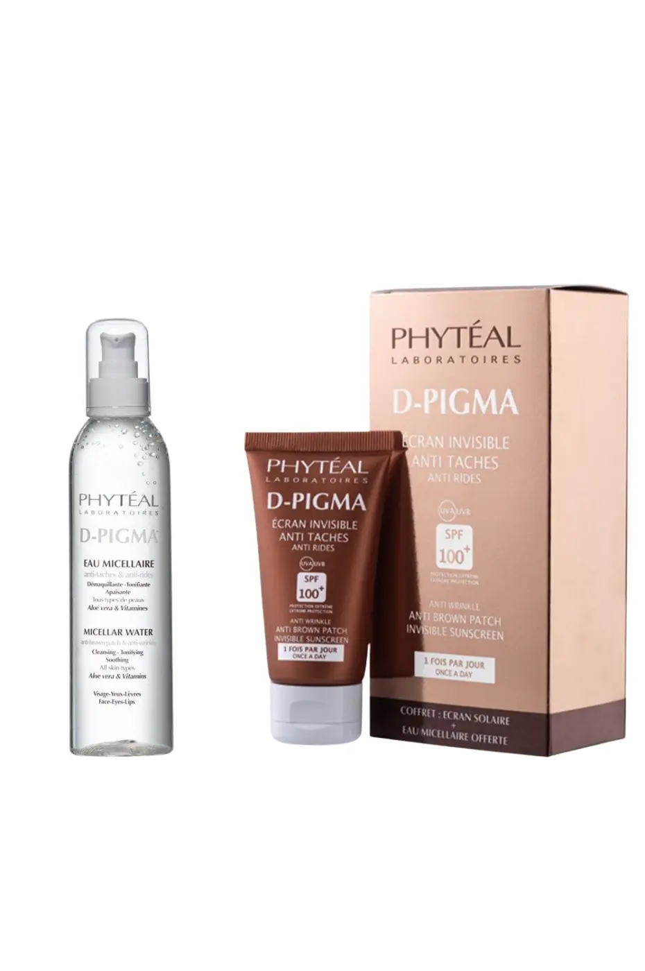 Haute Protection & Teint Uniforme Coffret PHYTEAL D-PIGMA : Écran Solaire Invisible SPF 100+ et Eau Micellaire nettoyante hydratante pour un teint uniforme.