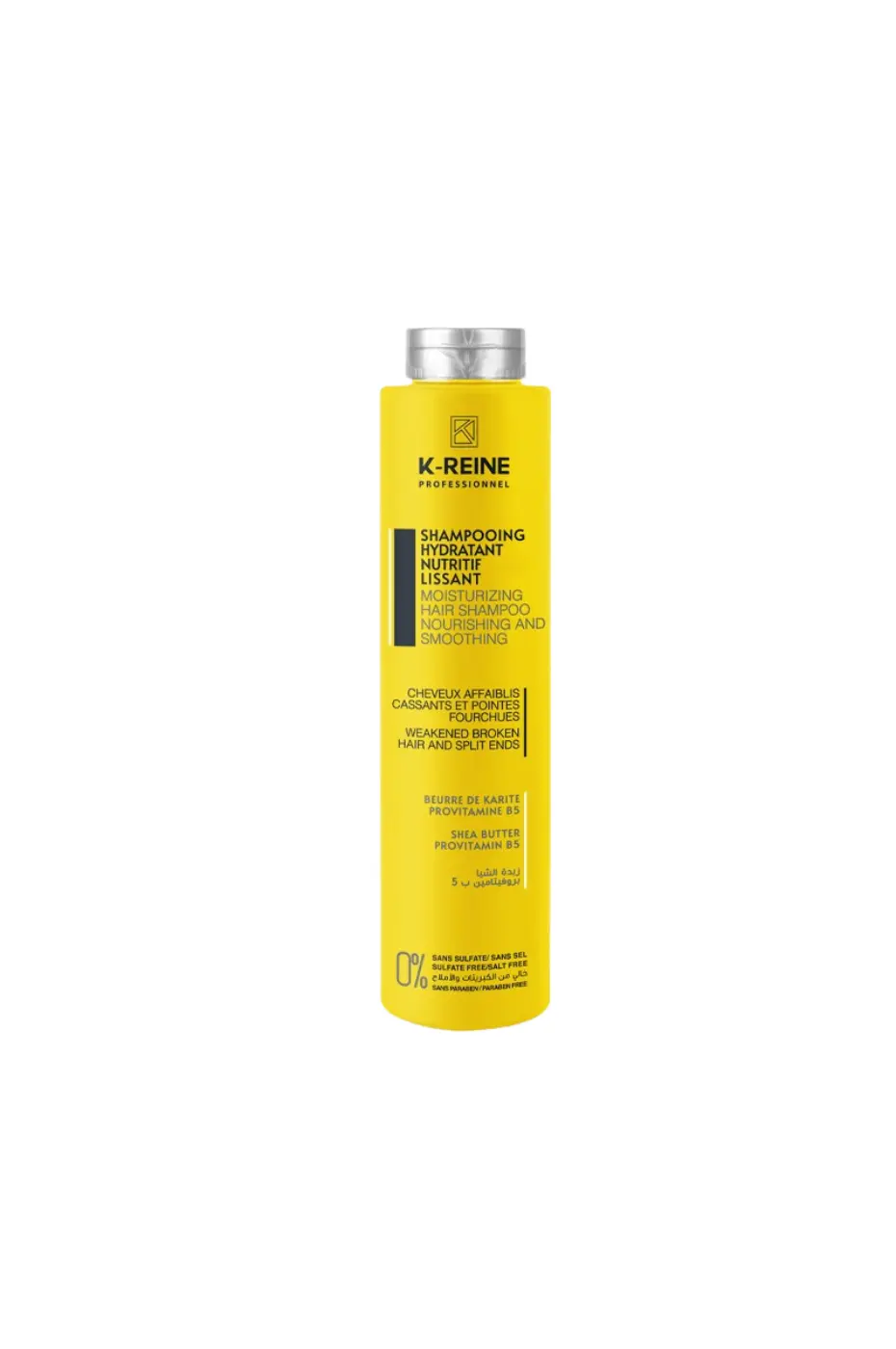 K-REINE Shampooing Sans Sulfate Karité Provitamine B5 270ml Shampooing K-REINE Professionnel hydratant nutritif lissant sans sulfate, paraben, sans sel pour cheveux secs et abîmés, 270ml.