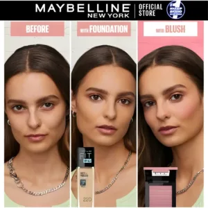 Triptyque Maybelline Before/With Foundation/With Blush. La fondation Fit Me 220 et un fard rosé transforment le teint.