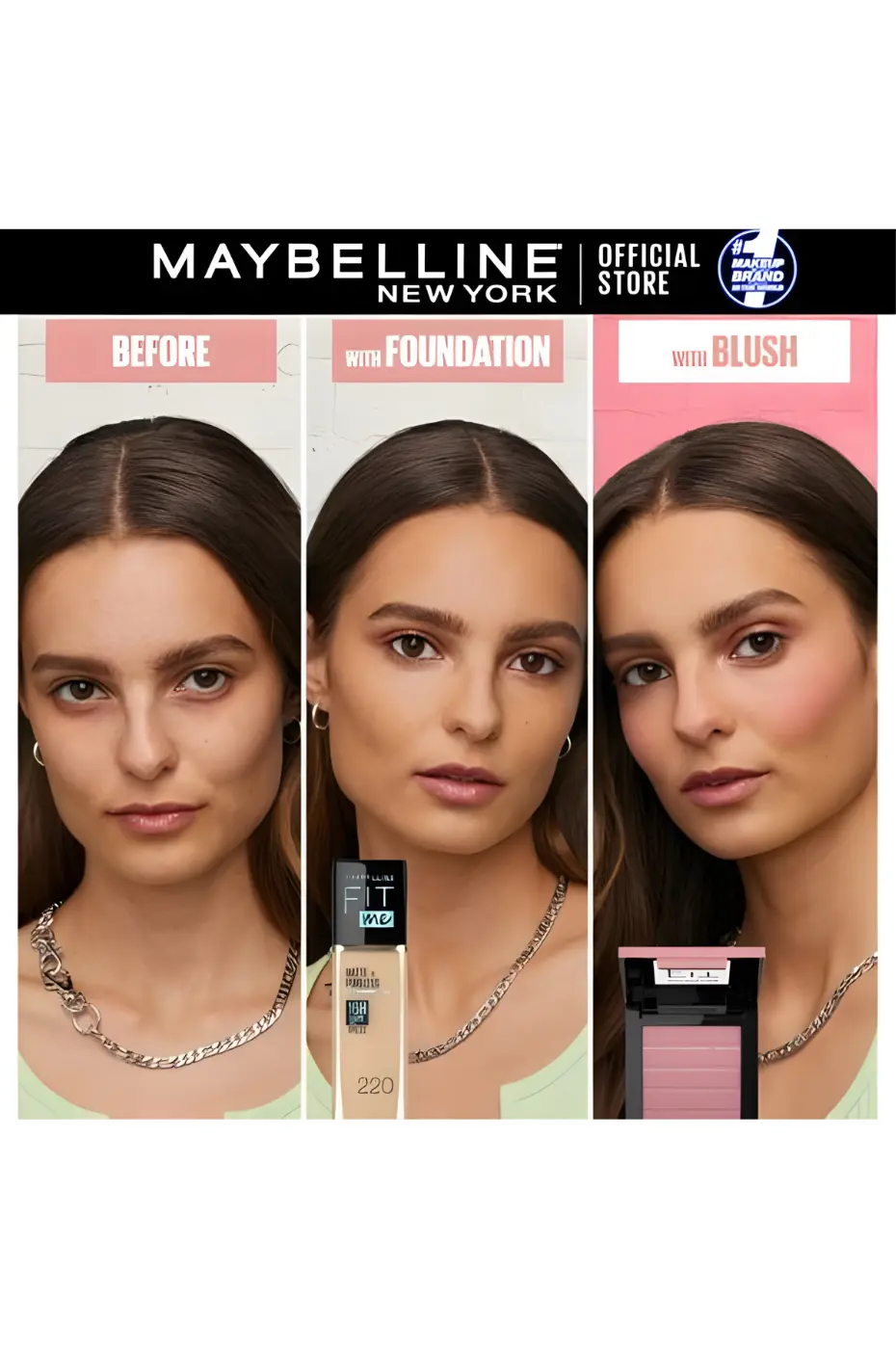 Le Power Trio Fit Me : Base, Fond de Teint et Blush Éclat Triptyque Maybelline Before/With Foundation/With Blush. La fondation Fit Me 220 et un fard rosé transforment le teint.