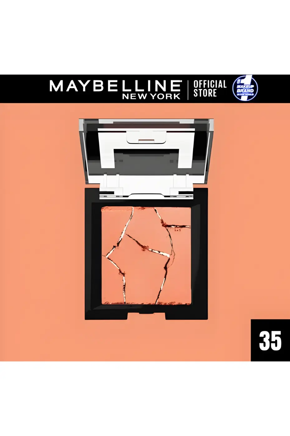 Maybelline Fit Me Blush Corail Cassé N°35 – Texture Dévoilée Maybelline Fit Me Blush N°35 Corail, boîtier noir ouvert, fard poudre corail fissuré. Logo Maybelline New York.