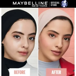 Diptyque Avant/Après Maybelline Fit Me Blush N°35. À gauche, teint mat. À droite, joues rehaussées de blush corail et look maquillé.