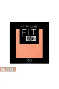 Boîtier carré noir Maybelline Fit Me Blush, teinte 35 Corail. Fard à joues poudre, couleur pêche/corail, pour un teint éclatant.