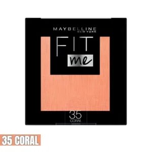 Boîtier carré noir Maybelline Fit Me Blush, teinte 35 Corail. Fard à joues poudre, couleur pêche/corail, pour un teint éclatant.