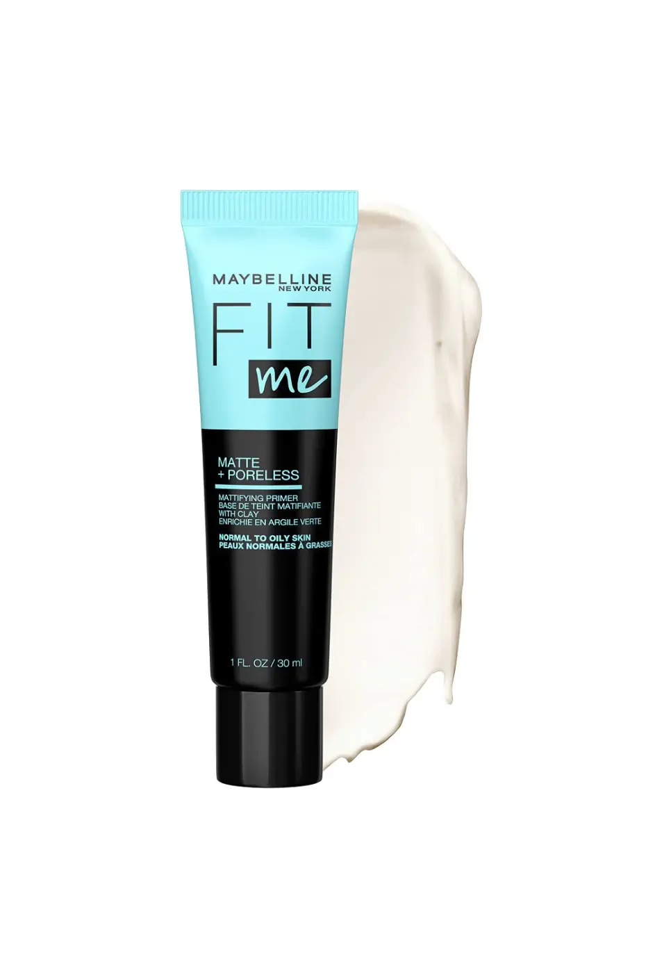 Maybelline Fit Me Primer : Texture Matifiante et Légère Tube du primer Maybelline Fit Me Matte + Poreless à côté d'une trace de sa texture crémeuse blanche. Pour peaux normales à grasses.