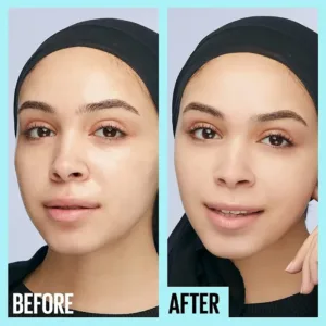 Comparaison Avant/Après : la peau du modèle à droite est plus mate et les pores sont estompés par le primer.