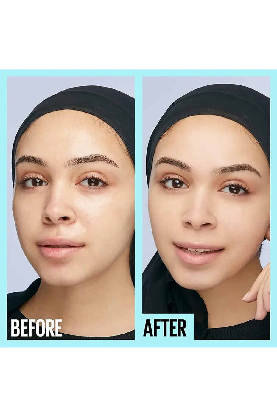 Peau Lisse et Mate : Le Secret du Primer Fit Me Maybelline Comparaison Avant/Après : la peau du modèle à droite est plus mate et les pores sont estompés par le primer.