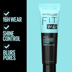 Tube de Maybelline Fit Me Matte + Poreless Primer. La liste des bénéfices est cochée : 16H tenue, Contrôle brillance, Estompe les pores.