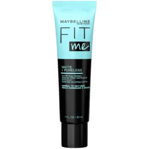 Tube de Maybelline New York Fit Me Matte + Poreless Mattifying Primer vert/bleu et noir, 30 ml, pour peaux normales à grasses.