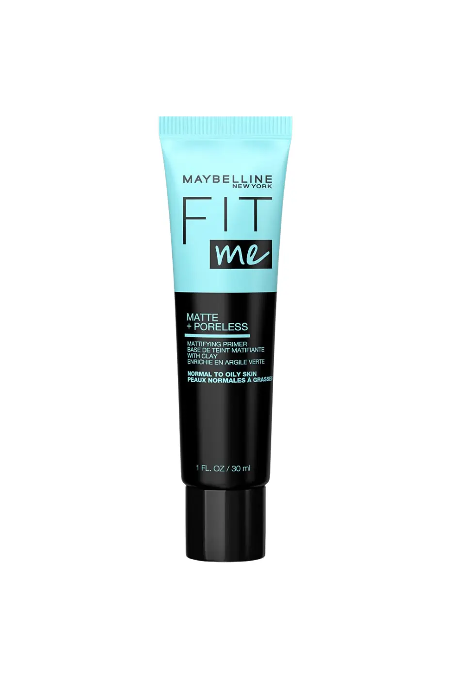 Primer Matifiant Maybelline Fit Me Matte + Poreless Tube de Maybelline New York Fit Me Matte + Poreless Mattifying Primer vert/bleu et noir, 30 ml, pour peaux normales à grasses.