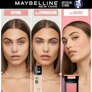 Triptyque Maybelline Before/With Foundation/With Blush. La fondation Fit Me 112 et un fard rose subliment le teint.