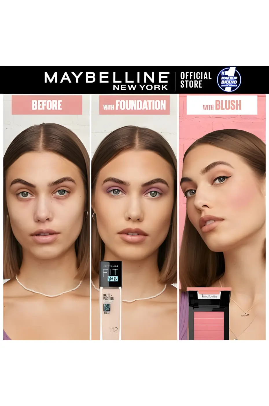 Routine Maybelline : Fond de Teint 112 et Éclat Blush Triptyque Maybelline Before/With Foundation/With Blush. La fondation Fit Me 112 et un fard rose subliment le teint.